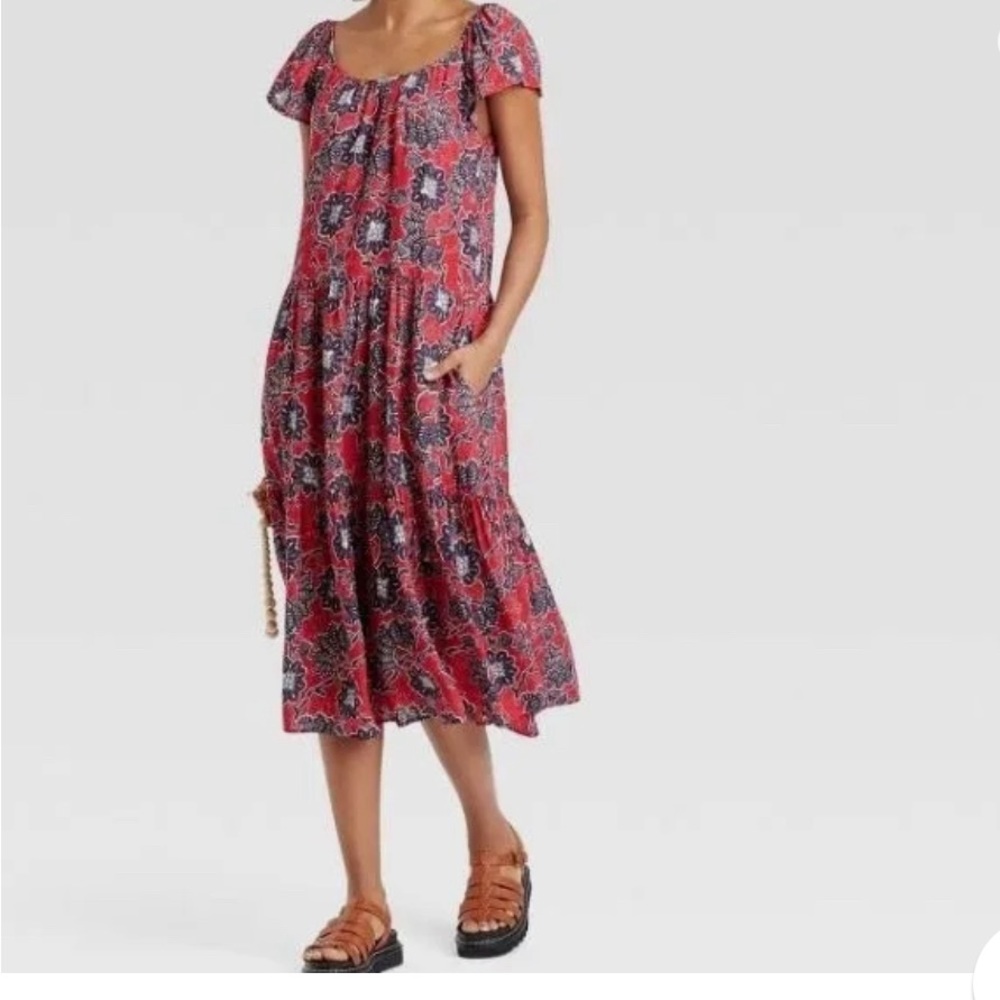 Knox Rose Floral Flutter Sleeve Midi Dress, Rebel Red